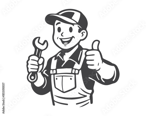 Friendly mechanic giving thumbs up with wrench in hand