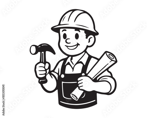 Friendly construction worker with hammer and blueprints smiling
