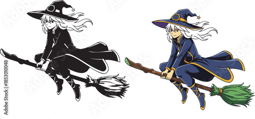 Magical witch flying on broomstick under full moonlight