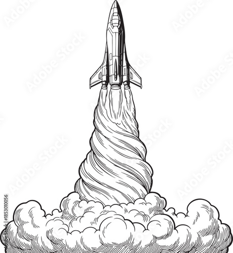 Rocket launching into the sky with swirling clouds of smoke