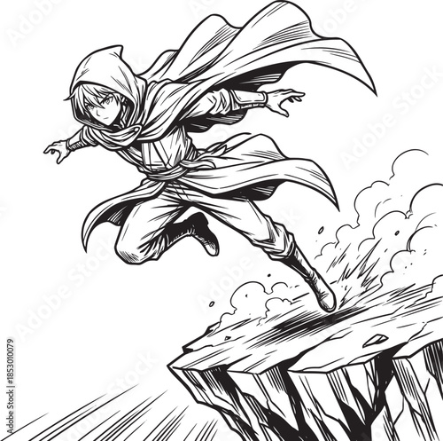Dynamic hooded figure jumping off cliff with cape flowing dramatically