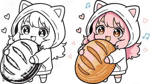 Cute pink-haired girl in cat hoodie happily holding bread