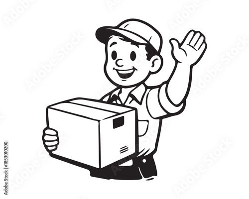Friendly delivery man waving with a package in hand