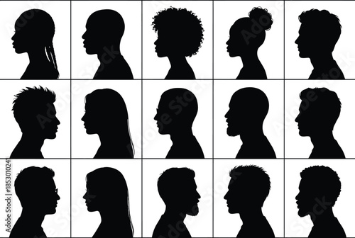 Silhouettes of various heads isolated on white background, Vector, illustration