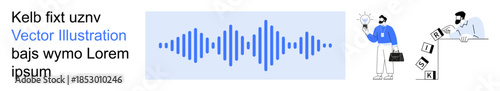 Audio technology, data analysis, teamwork, idea generation, communication, business presentation. Blue soundwave with two professionals analyzing charts and generating ideas. Audio technology
