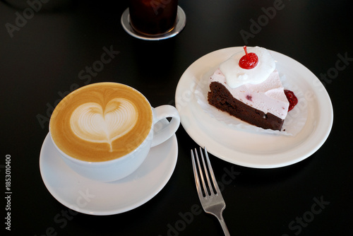 coffee latte cherry cake korea cafe dessert sweets plate