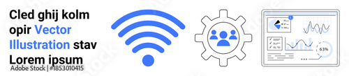 Technology, connectivity, network management, data analysis, digital infrastructure, productivity tools. wireless symbol, gear with people and data visualization graphs. Connectivity and data