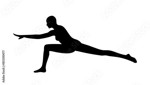 Minimal silhouette of a person stretching one leg forward while balancing, flexibility and body control wellness concept.
