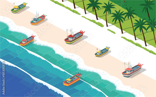 Vibrant beach scene with colorful boats and palm trees