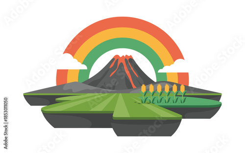 Vibrant volcanic landscape with rainbow and lush greenery