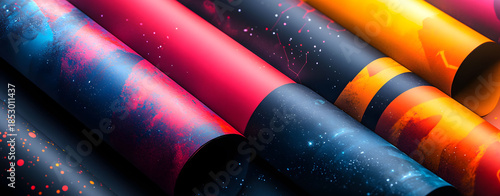 Vibrant rolled sheets displaying abstract cosmic and nebulae-inspired designs with a futuristic artistic flair, perfect for backgrounds and creative projects and digital art