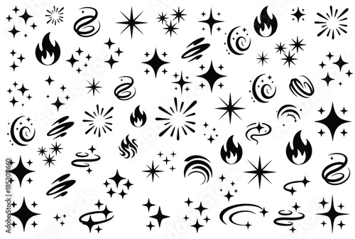 Collection of celestial and fire symbols isolated on white background, Vector, illustration