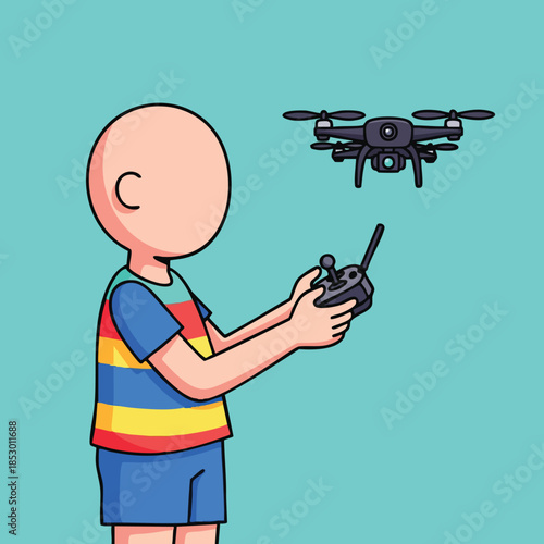 Child learning to fly a drone with a remote control against a bright teal background an illustration for modern technology