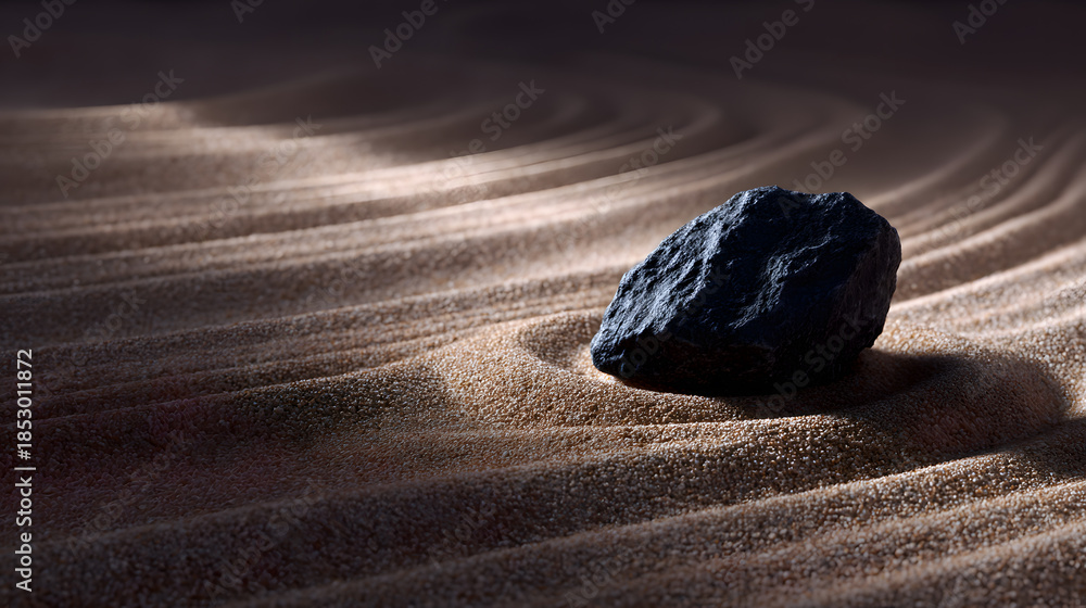 Naklejka premium Zen Stone in Rippled Sands: A solitary stone sits peacefully amidst meticulously raked sand, showcasing tranquility and balance in an inviting, low-key setting.