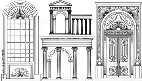 Art Deco arch window and door frames, entrance doorways, and gateways, featuring modern architectural line drawings. Ancient classical architecture with arched doors reminiscent of Medieval temples