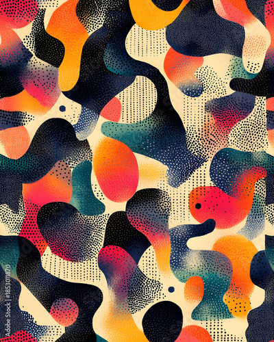 Dynamic abstract fluid shapes form a vibrant seamless pattern, an artistic modern design with stippled texture, ideal for backgrounds, textiles, and creative projects
