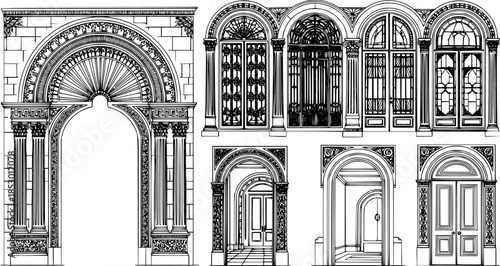 Art Deco arch window and door frames, entrance doorways, and gateways, featuring modern architectural line drawings. Ancient classical architecture with arched doors reminiscent of Medieval temples