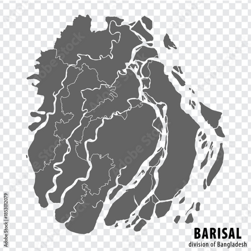 Blank map Barisal Division of Bangladesh. High quality map Barisal Division with districts on transparent background for your web site design, logo, app, UI.  EPS10. 