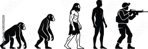 Human evolution silhouette, primate to soldier, walking progression, black graphic, timeline concept, flat illustration