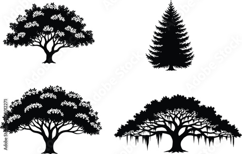 Tree silhouette vector illustration, black tree icons, forest shapes, botanical clipart, nature graphic, isolated trees, landscape design elements, editable