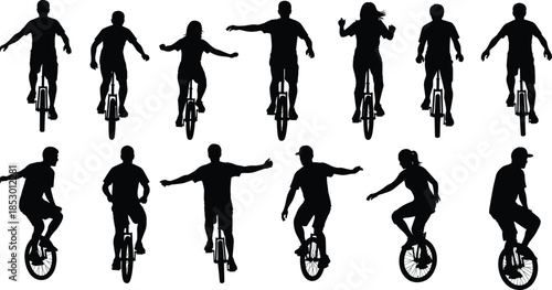 Unicycle silhouette, rider vector, balance pose, circus skill, black graphic, sport motion, flat illustration, human gesture