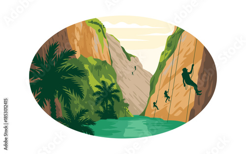 Adventure seekers rappelling down steep cliffside in tropical paradise