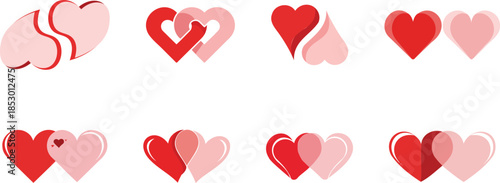 Set of heart love icons in red and pink colors symbolizing love romance isolated on transparent background, 