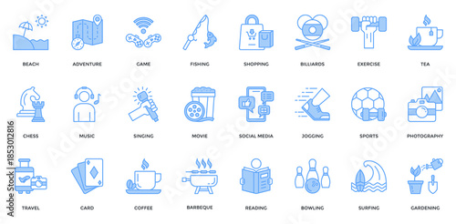 Free Time icon set. Containing beach, adventure, game, fishing, shopping, music, movie, travel, sports icon. Lineal blue style