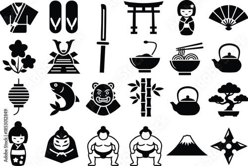 Iconic symbols of japanese culture isolated on white background, Vector, illustration