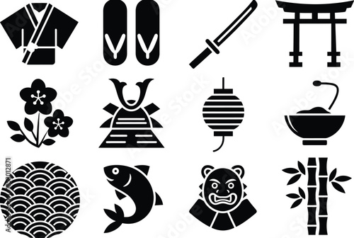 Traditional japanese symbols and icons isolated on white background, Vector, illustration