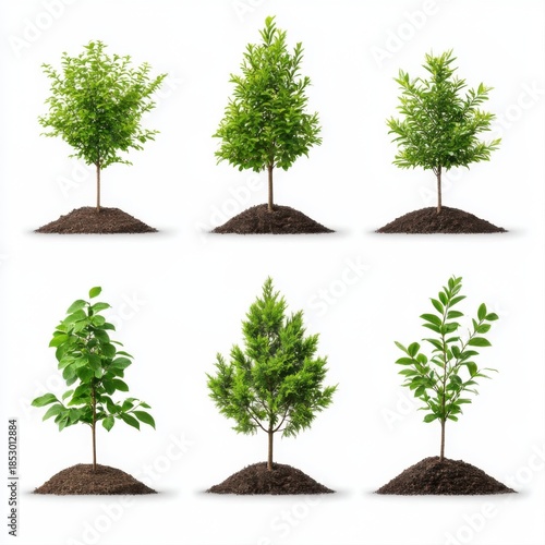 Six Varieties of Young Trees Growing in Fresh Soil Isolated on White Background