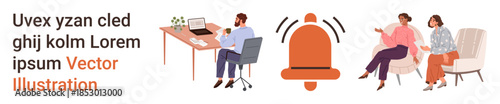Remote work, communication, digital alert, workplace interaction, teamwork, business productivity. A person at a desk with a laptop and a notification bell symbol. Remote work and communication