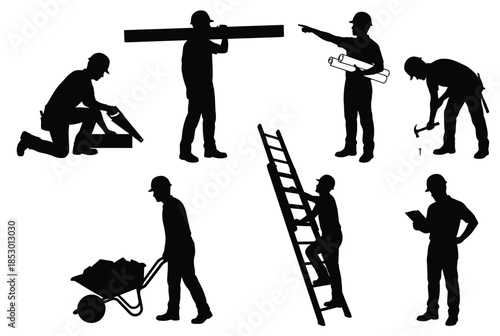 Construction workers engaged in various tasks isolated on white background, Vector, illustration