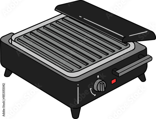 Electric grill illustration, indoor cooking appliance, modern kitchen equipment, tabletop barbecue machine, vector drawing, black grill with knob control