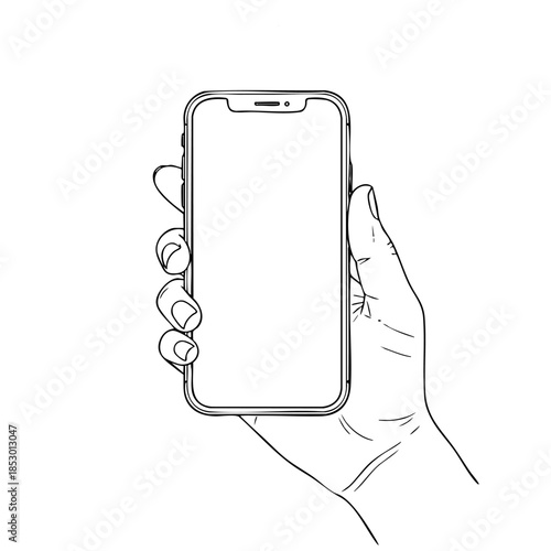 A hand holding a cell phone with a white background. The phone is not turned on. The hand is holding the phone in a way that it looks like it is about to be used