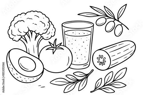 A glass of juice with a tomato and a cucumber inside. The juice is placed in the center of the glass, with the tomato and cucumber positioned towards the front. Concept of freshness and health