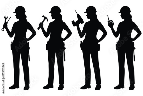 Silhouettes of construction workers isolated on white background, Vector, illustration
