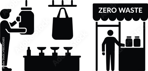 Zero Waste Hub Silhouette Icons Vector Community Store Bulk Bin Reusable Bag