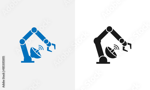 Two robotic arms interacting with satellite dishes emitting wireless signals in blue and black colors