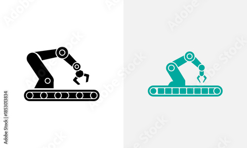 Two Robotic Arms on Conveyor Belts in Black and Teal Colors industrial automation manufacturing