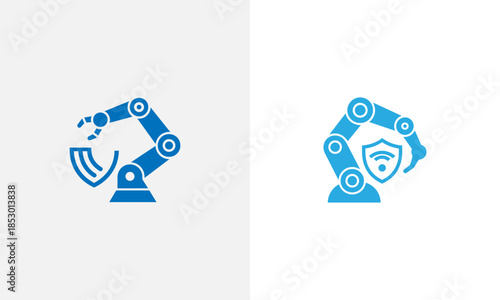 Blue robotic arm with a human head and Wi- Fi symbol on a white background technology automation