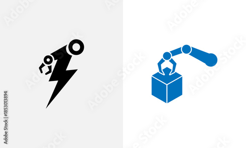 Black and blue robot arms holding a box and a lightning bolt symbol