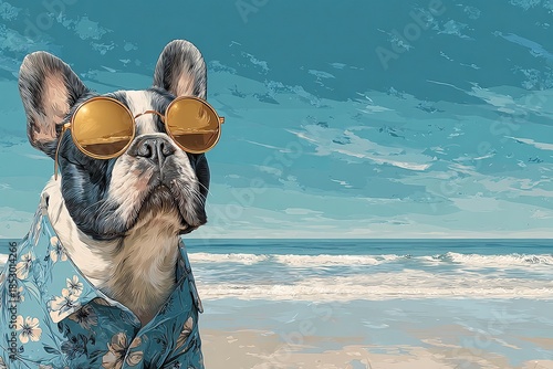 Dog's Seaside Escapade: A charming French bulldog, adorned in sunglasses and a Hawaiian shirt, exudes relaxed vacation vibes as it gazes over the ocean.