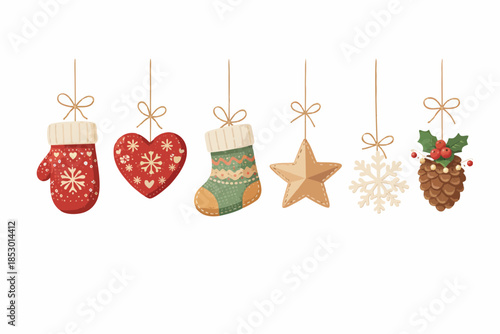 Christmas hanging decoration set with stockings, heart ornaments, stars, and snowflakes.