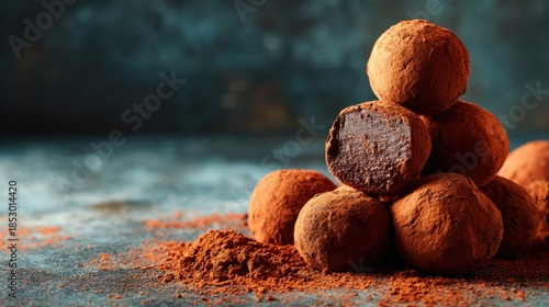 Delicious chocolate truffles dusted with cocoa powder, close-up shot