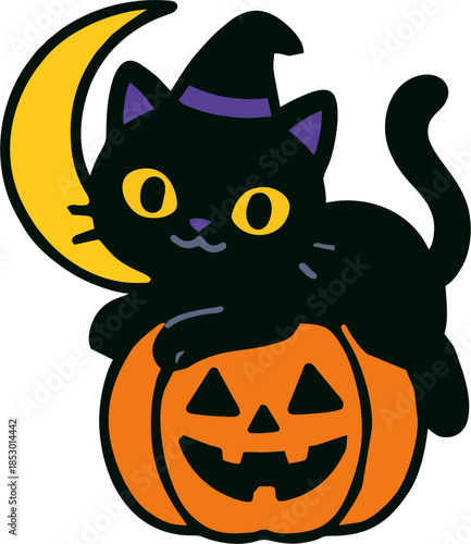 Crescent Moon and Black Cat Sitting on Jack O Lantern Pumpkin, Cute Halloween Witch Kitten Vector Illustration for Festive Backgrounds