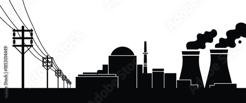 Power station silhouette, nuclear plant illustration, cooling towers, smokestacks, electrical grid, energy infrastructure, electricity supply, atomic reactor