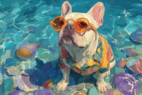 Cool Canine's Beach Day: A charming French Bulldog, sporting fashionable sunglasses and vibrant attire, cools off in crystal-clear water, radiating relaxed vacation vibes.