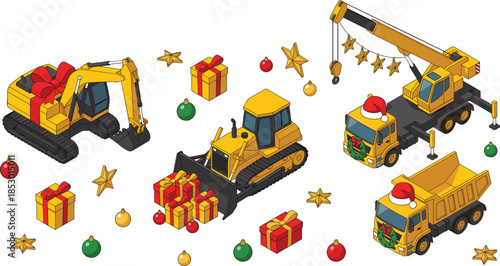 Christmas construction vehicles illustration featuring excavator bulldozer crane dump truck with gifts ornaments festive industrial holiday design
