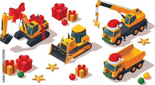 Christmas construction vehicles illustration with excavator bulldozer crane dump truck gifts ornaments festive industrial holiday vector design